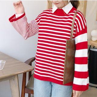 Mock Neck Bell Sleeve Striped Sweater