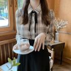 Long-sleeve Plaid Bow-accent Blouse