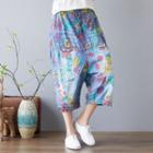 Floral Print Wide-leg Cropped Jeans Blue - One Size