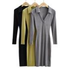 Long-sleeve Collared Ribbed Dress
