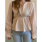 V-neck Shirred Long-sleeve Blouse