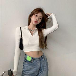 Long-sleeve Cropped Polo Shirt As Shown In Figure - One Size