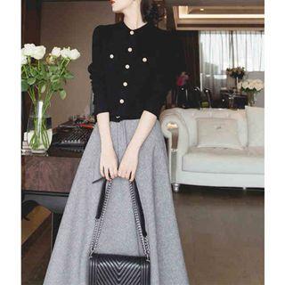 Set: Long-sleeve Button-up Knit Top + Midi A-line Skirt