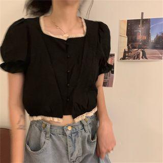 Short-sleeve Lace Trim Square-neck Top Black - One Size