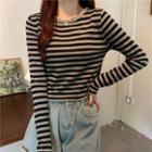 Long-sleeve Striped T-shirt Striped - Gray & Black - One Size