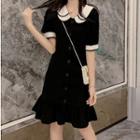 Color Block Collared Short-sleeve A-line Dress