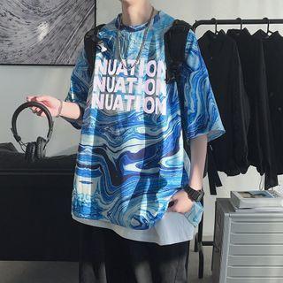 Elbow-sleeve Tie Dye Lettering T-shirt