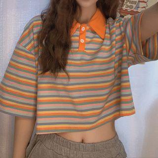 Lapel Striped Short-sleeve Top