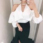 Cut-out Shoulder V-neck Blouse