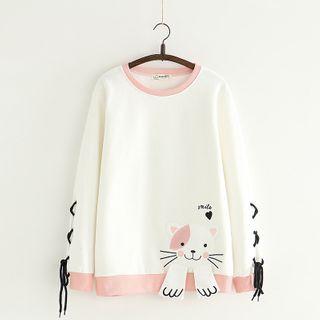 Contrast-trim Cat Patch Lace-up Pullover