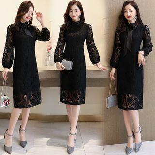 Lace Long-sleeve Tie-neck Midi Sheath Dress