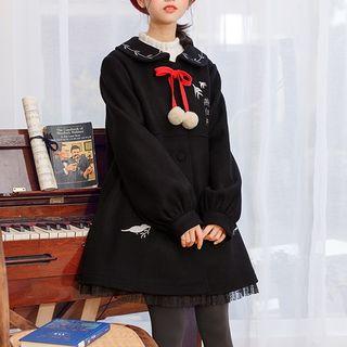 Dotted Mesh Hem Embroidered Pompom-detail Coat