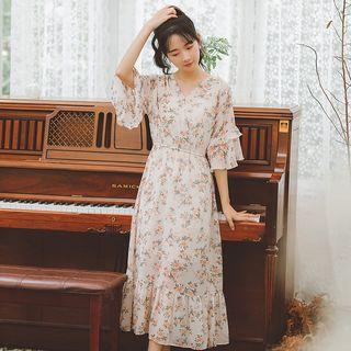 Floral 3/4 Sleeve V-neck Chiffon Dress