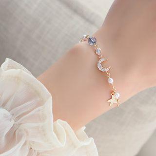 Moon & Star Rhinestone Faux Crystal Bracelet Gold & White - 17cm