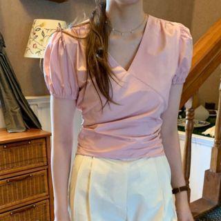 V Neck Plain Ruched Tie-waist Puff Short Sleeve Shirt