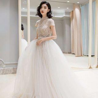 Cap Sleeve Stand Collar Lace Panel Organza Wedding Gown