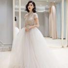 Cap Sleeve Stand Collar Lace Panel Organza Wedding Gown