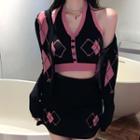 Set : Argyle Cropped Cardigan + Halter Top + Skirt Set: Cardigan & Knit Top & Skirt - One Size