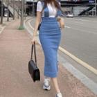 Midi Fitted Denim Suspender Skirt