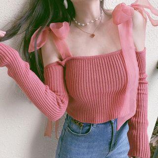 Ribbon Cold-shoulder Knit Top