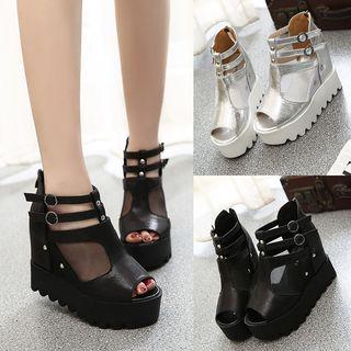 Mesh Panel Peep-toe Wedges