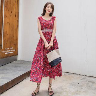 Printed Sleeveless Midi Chiffon Dress Red - One Size