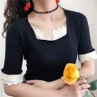 Color-block Square-neck Lace-trim Knit Short-sleeve Top