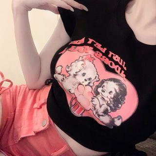 Short-sleeve Cartoon Print Drawstring Crop Top Black - One Size