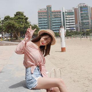 Collarless Plaid Shirt