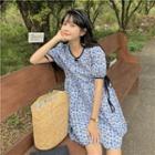 Puff-sleeve Floral Mini A-line Dress Floral - Blue - One Size