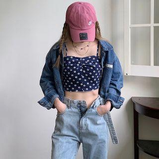Spaghetti Strap Printed Top / Washed Wide-leg Jeans