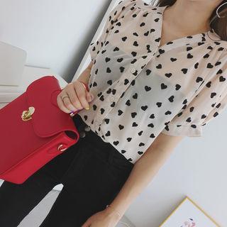 V-neck Heart Print Blouse Ivory - One Size