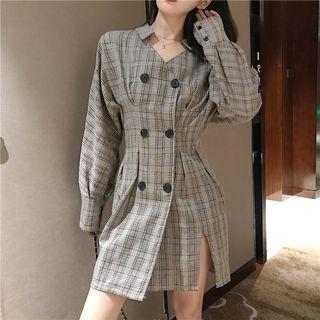 V-neck Plaid Puff-sleeve Shirt Dress