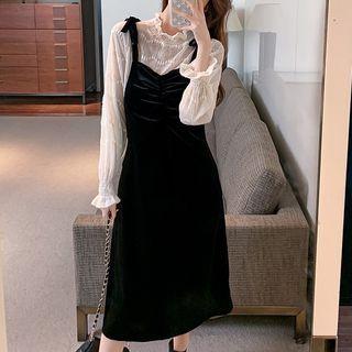 Set: Long-sleeve Mock-neck Lace Top + Spaghetti Strap Midi A-line Dress