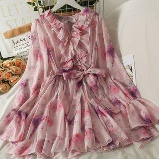 Ruffled Printed Chiffon Midi Dress With Sash Pink - One Size