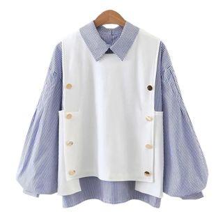 Set: Pinstriped Ball Sleeve Blouse + Vest