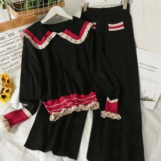 Set: Contrasted Ruffle-trim Knit Blouse + Wide-leg Pants Black - One Size