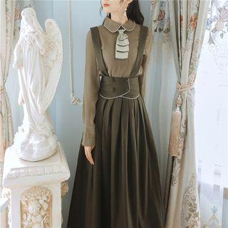 Set: Tie-neck Blouse + Double-breasted Midi Jumper Skirt
