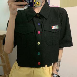 Elbow-sleeve Front Pocket Crop Shirt