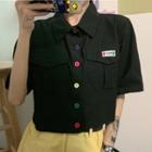 Elbow-sleeve Front Pocket Crop Shirt