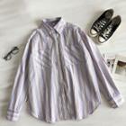 Color-block Striped Long-sleeve Blouse Purple - One Size