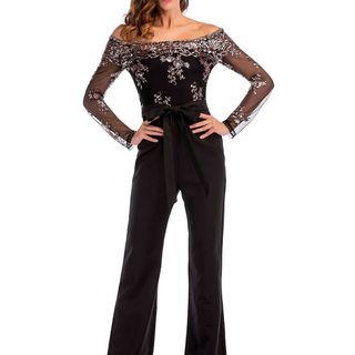 Off-shoulder Sequined Long-sleeve Jumpsuit
