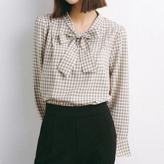 Check Tie Neck Blouse