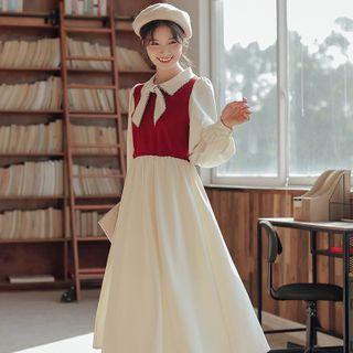 Puff-sleeve Two-tone Midi A-line Dress Red - One Size
