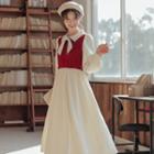 Puff-sleeve Two-tone Midi A-line Dress Red - One Size