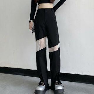 Lace Panel High-waist Wide-leg Dress Pants