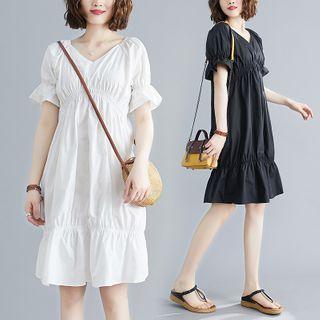 Ruffled Short-sleeve Ruched A-line Dress