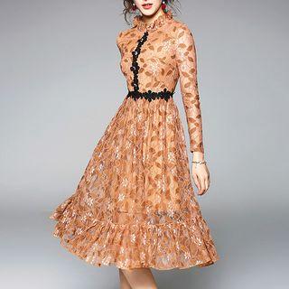 Contrast Trim Lace Long Sleeve Midi Dress