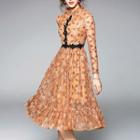 Contrast Trim Lace Long Sleeve Midi Dress