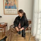 Fleece-collar Buttoned Jacket & Sash